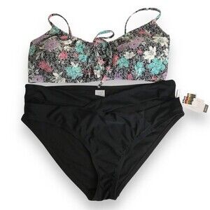NWT Time and Tru Two Piece Bathing Suit Print Top Black Cutout Bottom Womens XL